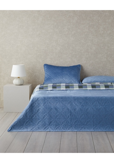 Ornate Check Çift Taraflı Kadife Çift Kişilik Yatak Örtüsü Takımı Koyu Mavi Koyu Mavi