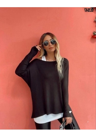 Tua Moda Kadın Uzun Kollu Tek Omuzdan Açık Çilek Bluz Ve Viskon Atlet Ikili Takım Siyah