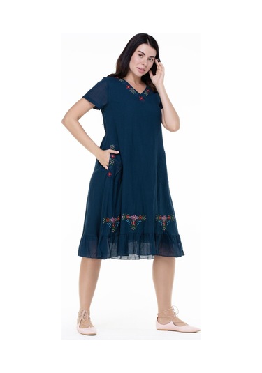 Kısa Kol Şile Bezi Mehtap Midi Boy Nakış Detaylı Elbise Petrol Ptrl-petrol Petrol