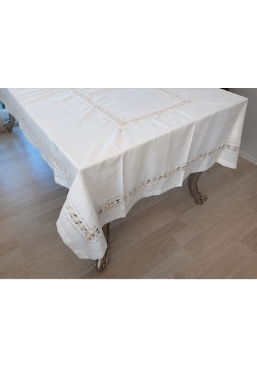 Keten Nakışlı Ajürlü 170x275cm Masa Örtüsü Çok Rekli