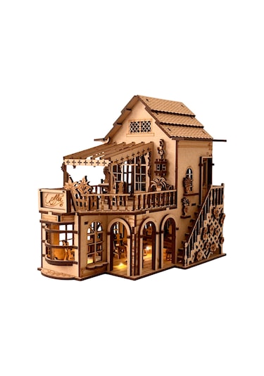 Işıklı Detaylı Kahve Dükkanı Diorama Maketi Ahşap Hobi Seti