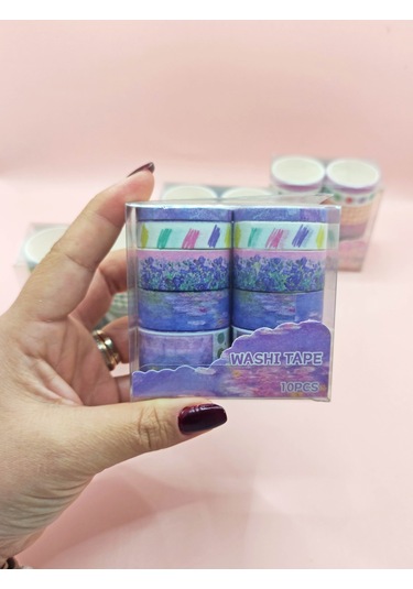 Vintage Washi Tape Bant Baskılı Yapışkanlı Maskeleme Kağıdı 45e Desenli Bant 10'lu - Mor Göl 1