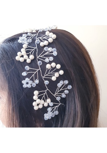 Beyaz Kristal Boncuklu Ve Beyaz Incili Gelin Tacı