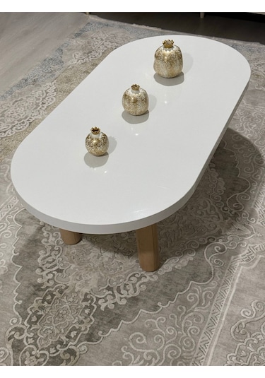 Oval Model 120x60 Cm Kalın Kenarlı Orta Sehpa Ahşap Ayaklı Beyaz