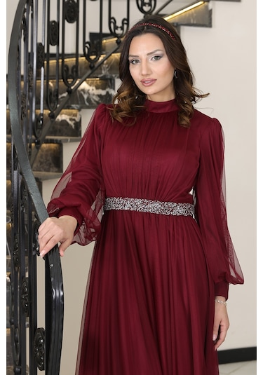 Alia Şık Taş Detaylı Büyük Beden Tesettür Abiye - Alya Bordo