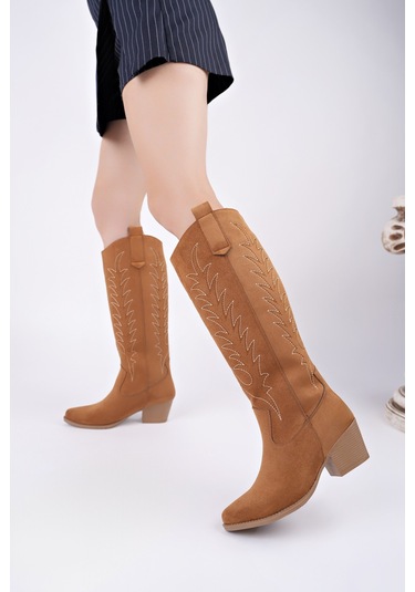 Muggo Texas Sivri Burun Nakışlı Kalın Topuklu Kadın Kovboy Western Çizme TABA SÜET