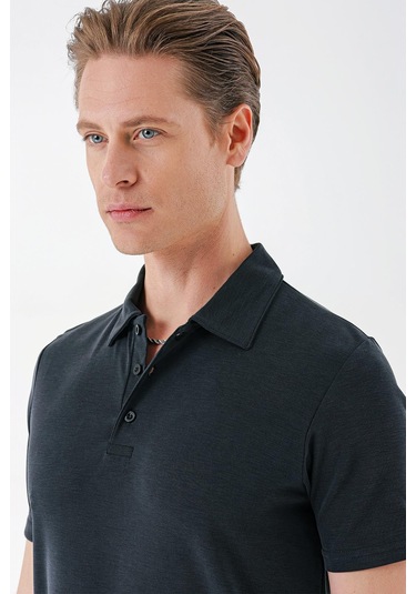 Slim Fit Düğmeli Polo Yaka Pamuklu Siyah Tişört Ts 879 Siyah