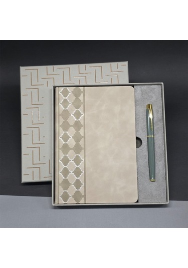 Mobgift Yan Tarafı Mozaik Desenli Deri Defter Kalem Tasarım Kutulu Hediye Seti Gri