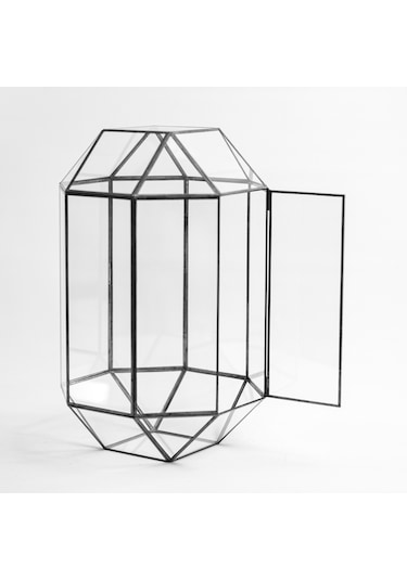Cam Fanus Geometrik Teraryum Siyah Nonagon
