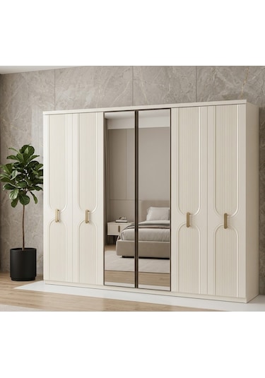 Grand Tamamı Mdf 6 Membranlı Kapaklı Reflekte Camlı Gardırop Dolap Beyaz