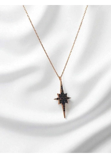 Siyah Taşlı Rose Gold Kaplama 925 Ayar Gümüş Kuzey Yıldızı Kolye Anlamlı Ve Şık Tasarım Gümüş