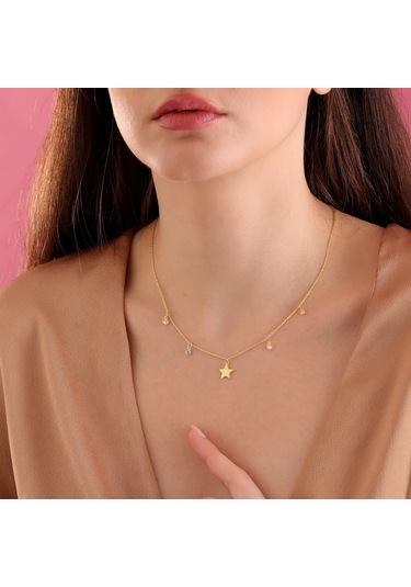 Queen Silver Jewelry 925 Ayar Gümüş Yıldız Objeli Sirkon Taş Sallantılı Kolye Altın