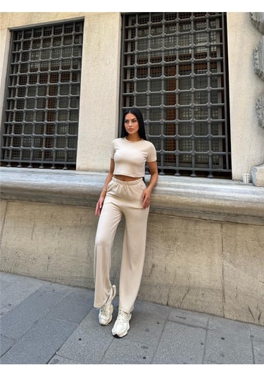 Taş Renk Modal Kumaş Bisiklet Yaka Takım Taş