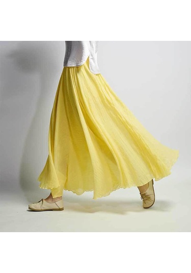 Kadın Zarif Yüksek Bel Keten Maxi Etek Yaz Bayanlar Rahat Elastik Bel 2 Katmanlar Etekler Saia Feminina Sarı