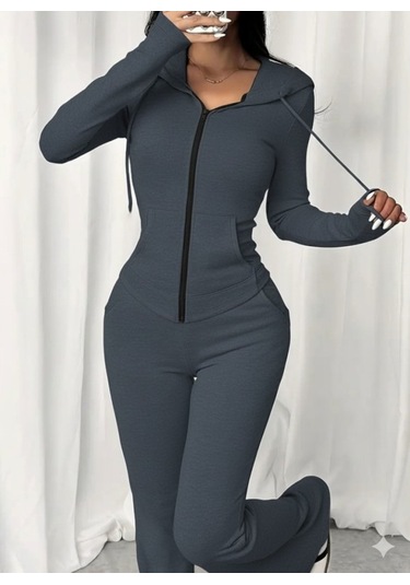 Tua Moda Kadın Uzun Kollu Kapşonlu Bağcıklı Önü Fermuarlı Viskon Iki Iplik Bluz Ve Pantolon Ikili Takım Gri