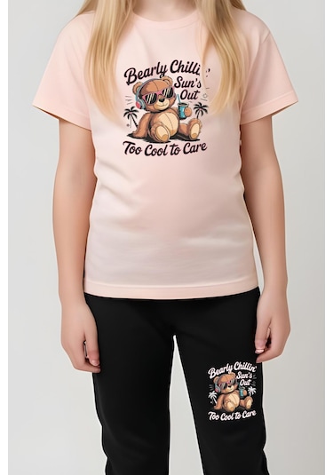 Fyk Kids Kız Çocuk Yuvarlak Yaka Baskılı Bearly Chillin Alt-üst Pijama Takımı Somon