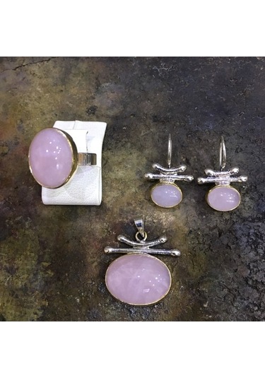 Pembe Kuvars Taşlı Gümüş Set 925 Ayar Takı