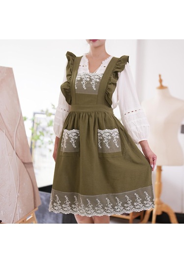 Kadınlar İçin Cepli Vintage Önlükler Sevimli Dantel Fırfır Ayarlanabilir A Ordu Yeşili, Diğer
