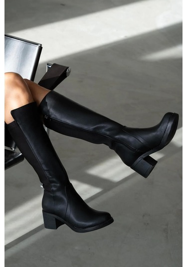 Beyaz Göktem Termo Katmaz Taban Kalın Topuklu Günlük Streç Kadın Çizme Siyah Siyah