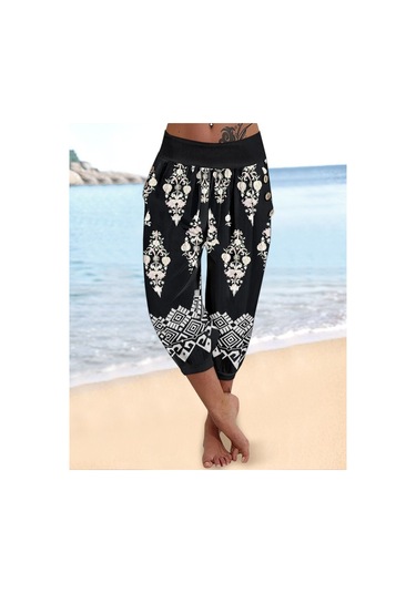 Kadın Beli Lastikli Etnik Desenli Kapri Süprem Pantolon Karışık