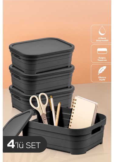 4'lü Kapaklı 2,8 Litre Saklama Kutusu Antrasit Antrasit