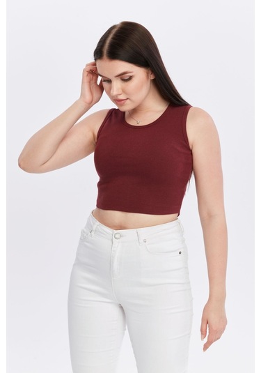 Bella Dossi Rahat Kaşkorse Kolsuz Sıfır Yaka Kadın Crop Top Bordo