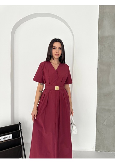 Belden Oturtmalı Plılelı Paraşüt Kumaş Elbise Bordo