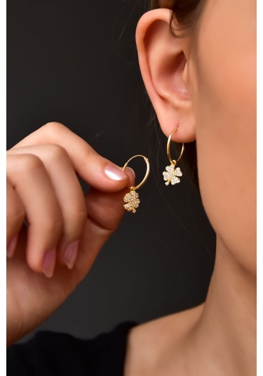 925 Ayar Gümüş Altın Kaplama Zirkon Taşlı Yonca Halka Küpe