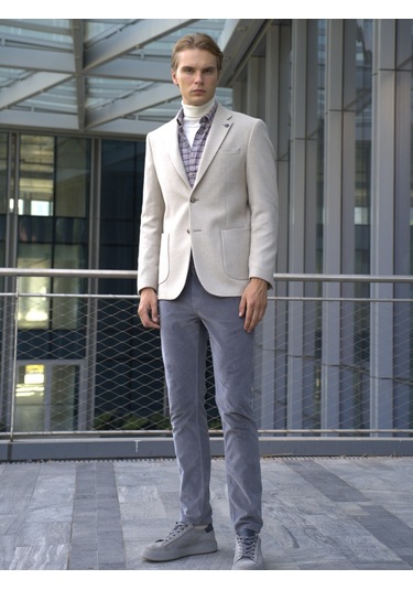 Erkek Yün Ceket Kırçıllı Mono Yaka Torba Cepli Çift Yırtmaç Slim Fit Ceket Ncs Jeans 4005-Taş