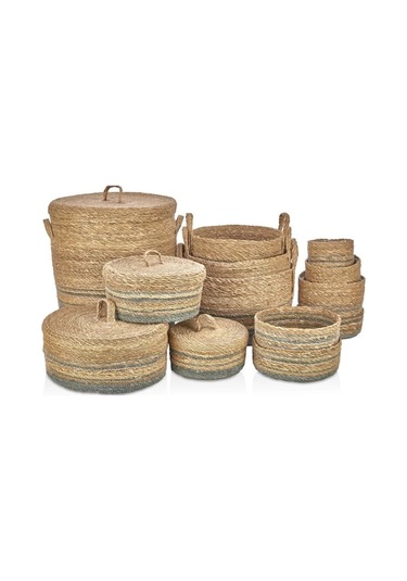 Dekoratif Natural Yuvarlak Dikişli Düzenleyici Hasır Sepet Saksı 13 Lü Set Kahve