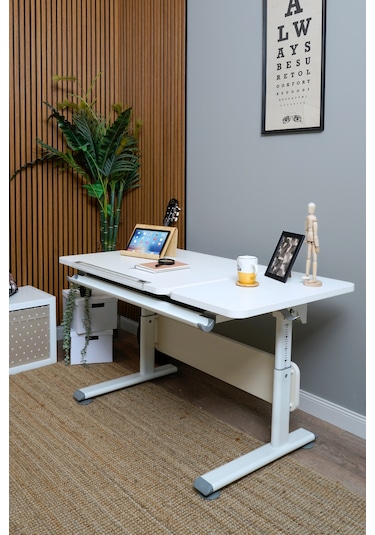 Vega Simple Yükseklik Ayarlı Beyaz Ahşap Masa, Oyuncu Ve Bilgisayar Masası, Modern Çalışma Masası Gri