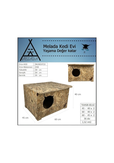 Melada Kedi Evi Dış Ortam Uygun Ahşap Kedi Evi Osb 60x45x40 Cm
