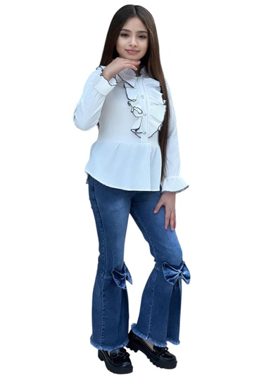 Kız Çocuk Gömleği Fırfır Pantolonu Kurdele Detaylı İkili Takım Beyaz