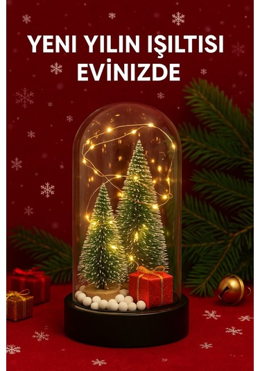 Yeni Yıl Ruhunu Yansıtan Led Işıklı 2 Li Yılbaşı Kar Efektli Çam Ağacı Hediye Paketi Temalı Fanus