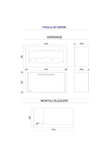 Pagla 80 Derin - Isıtmalı Elektrikli Şömine Sınırsız Renkli Cam Çerçeveli