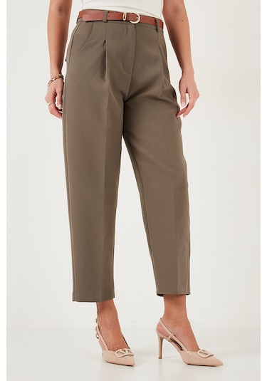 Lela Regular Fit Yüksek Bel Düz Paça Kemerli Bayan Pantolon 68350938 Haki