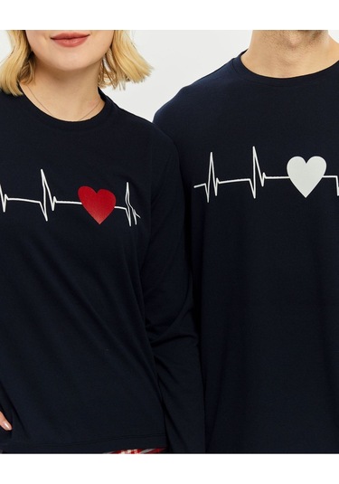 Bella Dossi Çiftlere Özel Kombin Kalp Atışı Pijama Takımı Lacivert