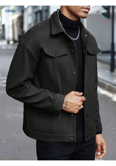 25 Avrupa Ve Amerikan Amazon Sonbahar Ve Kış Yaka Yünlü Yeni Erkek Ceket Gündelik İş Ceketi Siyah