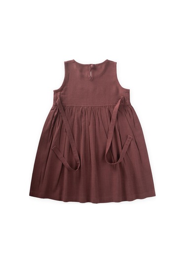 Cigit Nakışlı Yandan Bağlamalı Keten Elbise 2-7 Yaş Mürdüm MÜRDÜM