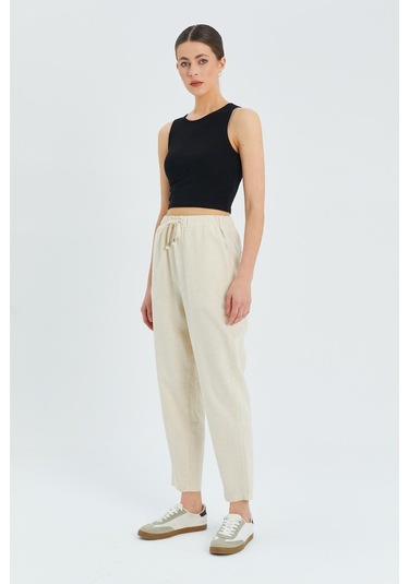 4566 Kadın Lastikli Bel Keten Pantolon Naturel Naturel