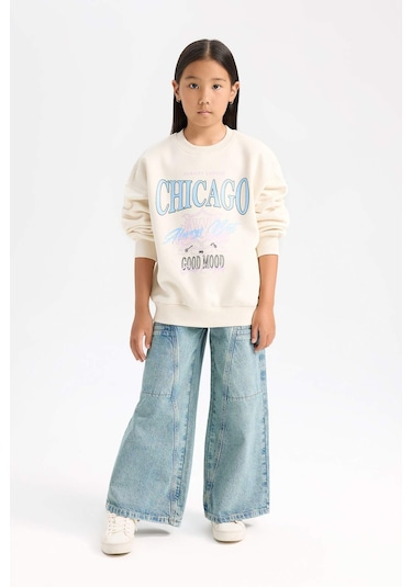 DeFacto Kız Çocuk Relax Fit Bisiklet Yaka Baskılı Sweatshirt D7046A824WNER99 Ekru