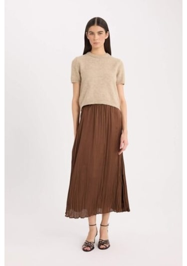 DeFacto A Kesim Yüksek Bel Saten Midi Etek E3348AX24WNBN333 Kahve