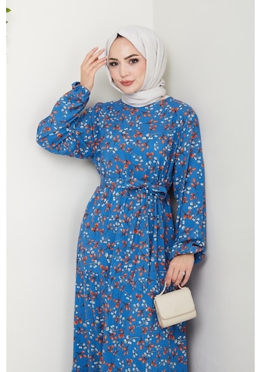 Semar Dokuma Viskon Elbise 1541 - Mavi Mavi