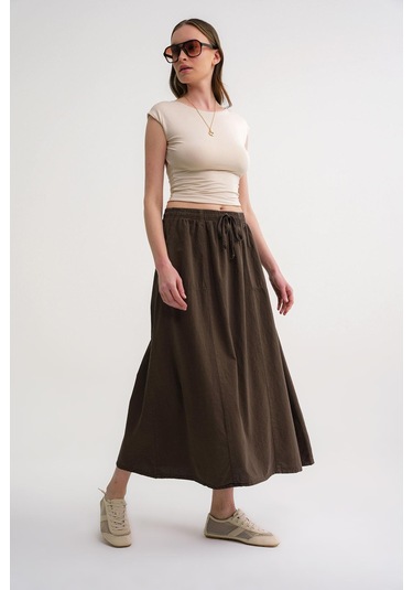 4633 Kadın Yandan Cepli Parçalı Etek Haki Haki