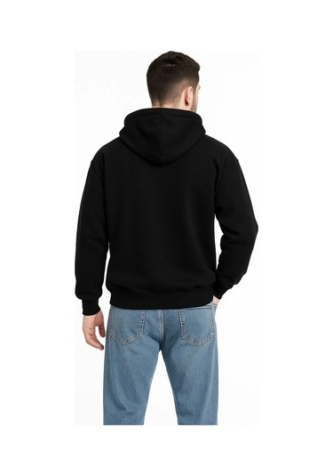 Erkek Kapüşonlu Sweatshirt Hoodie 3 İplik Şardonlu Pamuklu Kumaş, Önü Baskılı, Fermuarlı Rahat Kalı Siyah