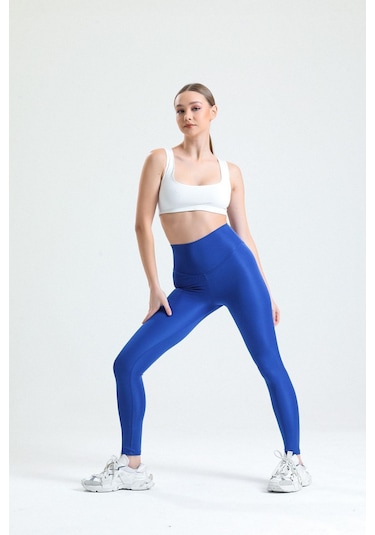 Caramel Yüksek Bel Toparlayıcı Dalgıç Kumaş Spor Günlük Tayt Saks Mavi