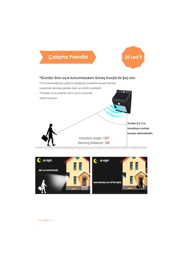 Technojet 20 Ledli Hareket Sensörlü Güneş Enerjili Şarj Olabilen