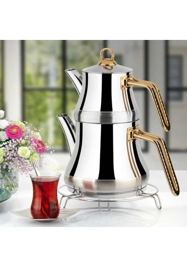 Yonca Lines L-3091 Naz Aile Boy Çelik Çaydanlık Takımı Altın Desenli Kulp Altın