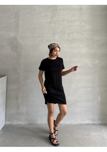 Kadın Bisiklet Yaka Soft Touch Elbise Siyah