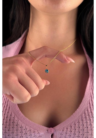 Fiyonk Kuyumculuk 14 Ayar Altın İpek Zincir Mavi Gözlü Nazar Kolye 001